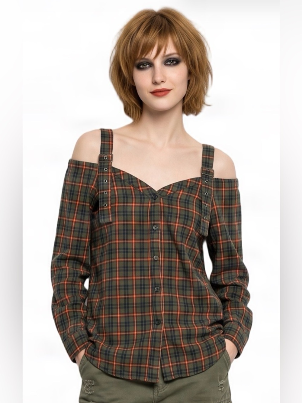 ELEVATOR DISCO Cold Shoulder Green Plaid Button Down Long sleeve Flannel Shirt